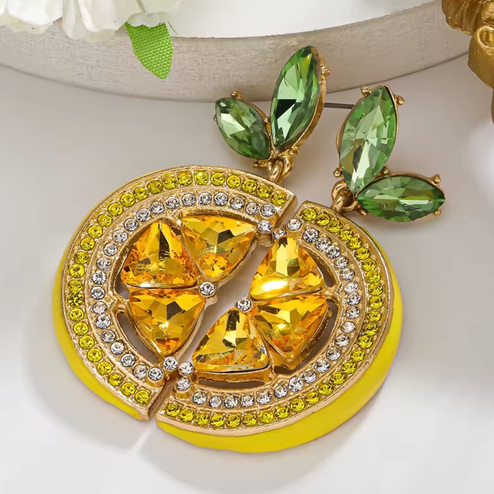 Rhinestone Lemon Earrings Cute Summer Fruit Jewelry